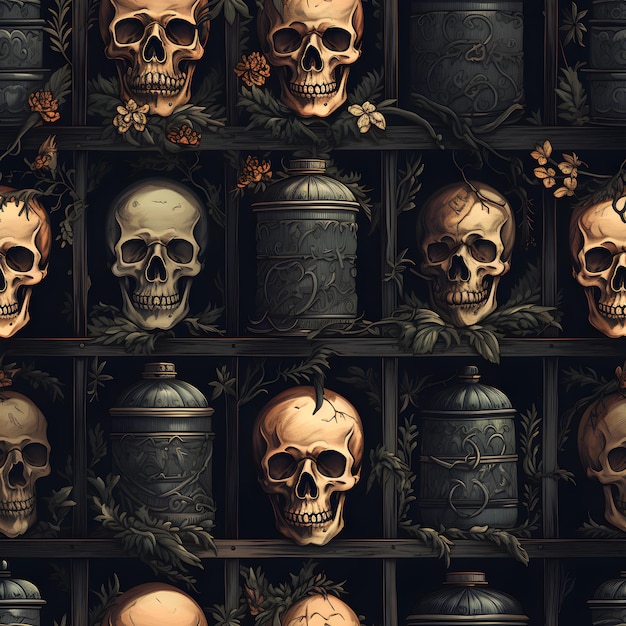 Skull Collection with Flowers Seamless Pattern Ai Generated