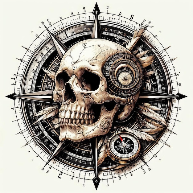 Skull Compass Skeleton Digital Human Skull T shirt Design Retro Vintage Graphic Transparent Digital