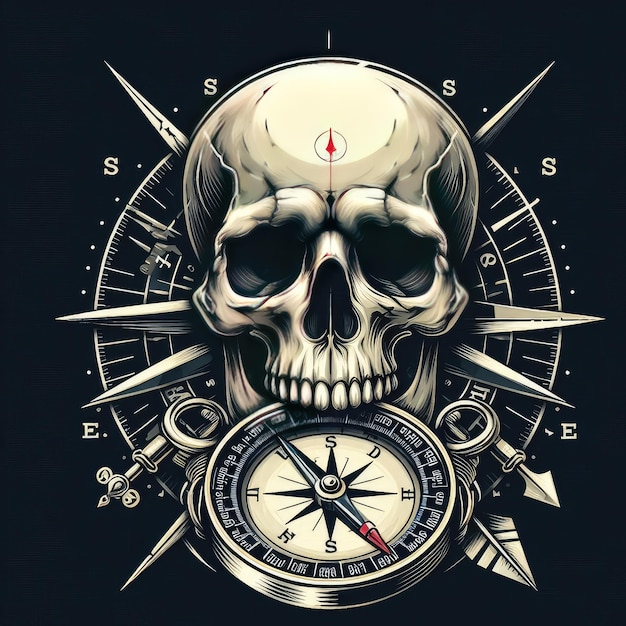 Skull Compass Skeleton Digital Human Skull T shirt Design Retro Vintage Graphic Transparent Digital