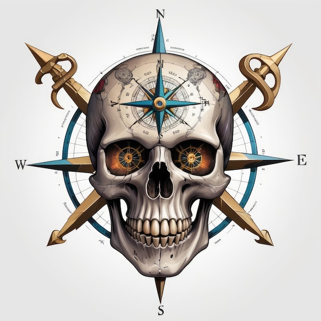 Skull Compass Skeleton Digital Human Skull T shirt Design Retro Vintage Graphic Transparent Digital