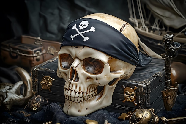 Photo a skull and crossbones pirate hat sits on a chest of a pirate ship