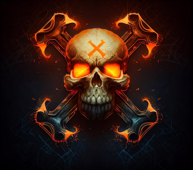 Skull and crossbones with glowing eyes and flames on a dark background generative ai