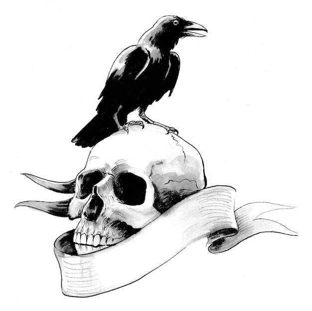 Skull, crown and banner. Ink black and white drawing