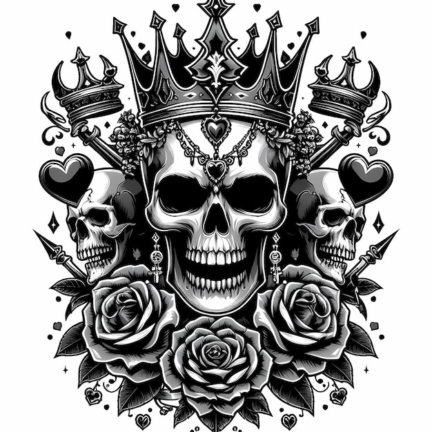 a skull and crown with roses on it