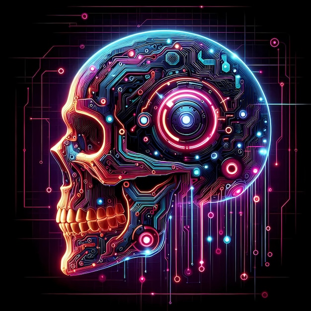 Photo skull in cyberpunk futuristic style