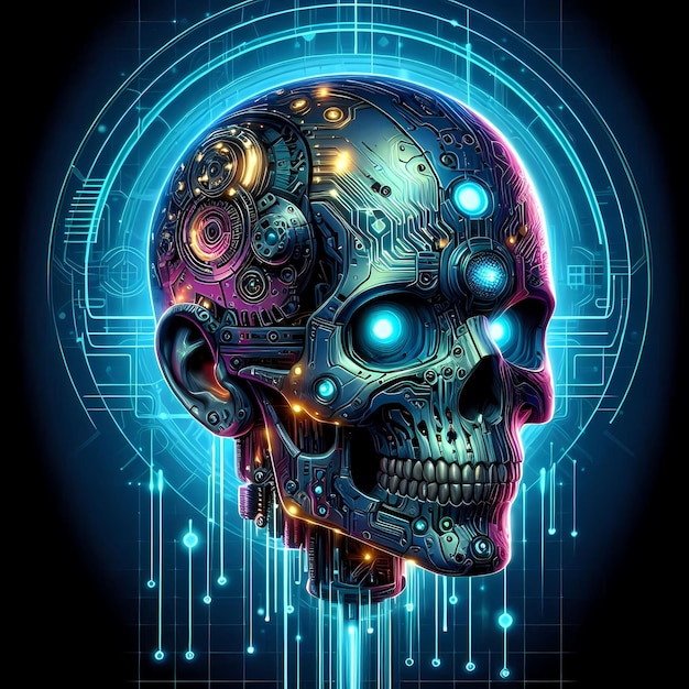 Photo skull in cyberpunk futuristic style