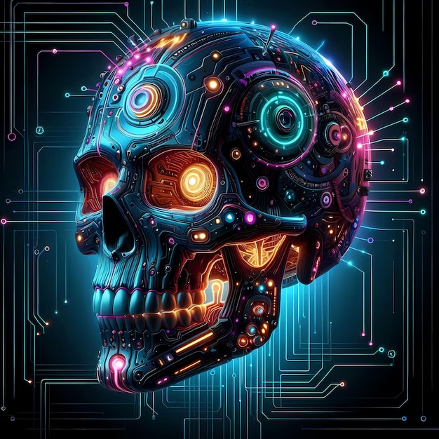 Photo skull in cyberpunk futuristic style