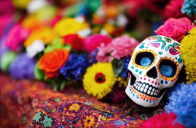 Skull decorated with blue, yellow and pink flowers