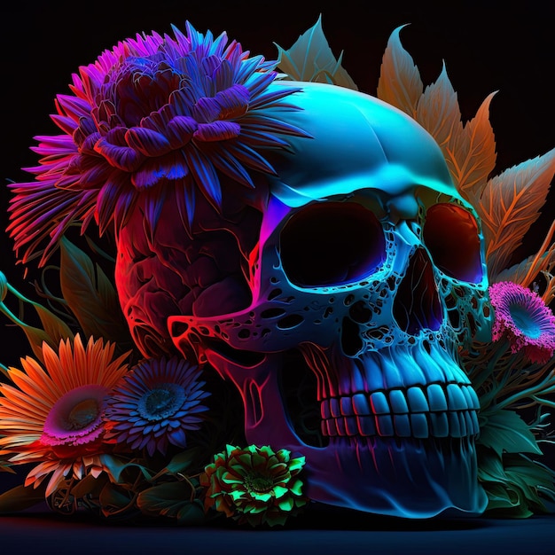 Skull decorated with flowers with multicolored neon light on a dark background