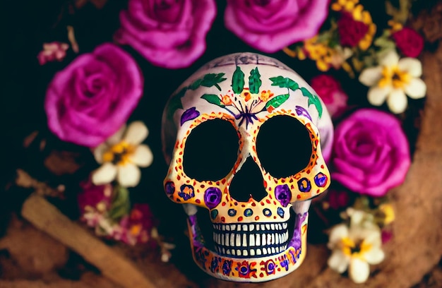 Skull decorated with pink flowers