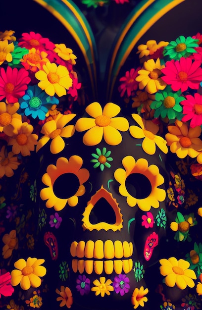 Skull decorated with yellow, red, blue flowers