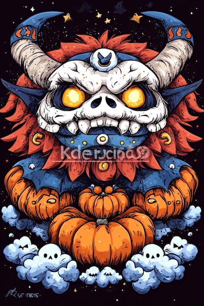 Skull Demon with Pumpkins and Clouds