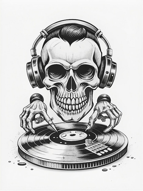 Photo skull dj spinning records on a turntable with headphones