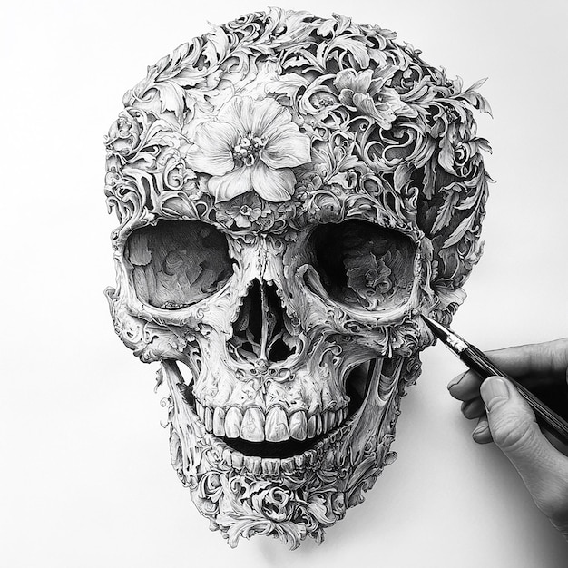 Photo a skull drawing with a flower design on it