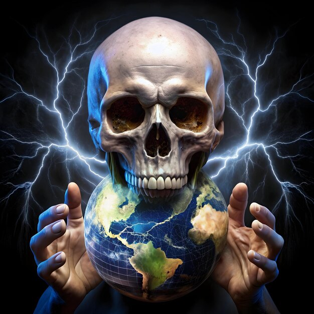 Photo skull electrocuting an earth globe with his hands