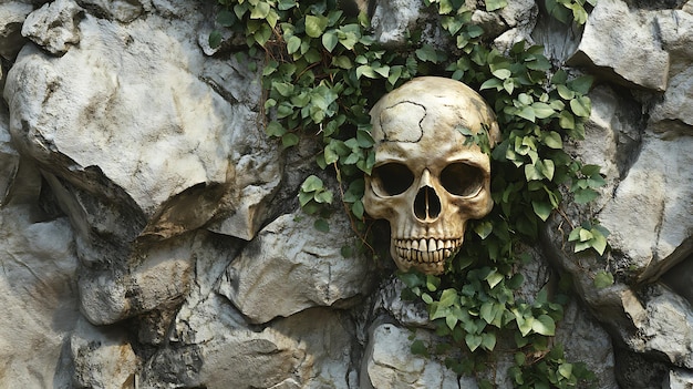 skull embedded in a rocky cliff