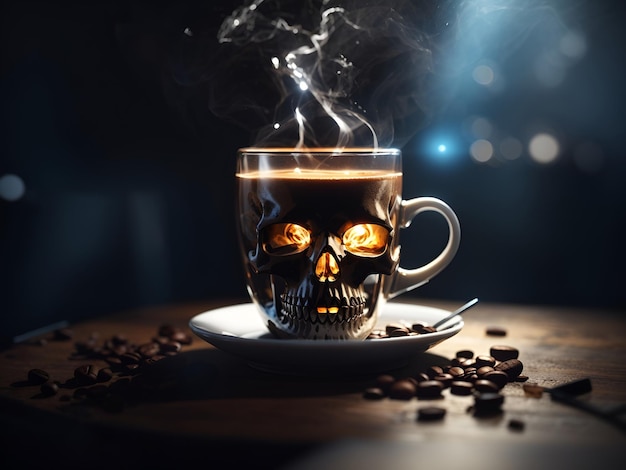 skull emerges from the depths of a cup of coffe