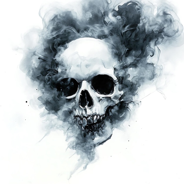 Photo skull engulfed in a cloud of smoke a graphic illustration of a human skull surrounded by a black smoky haze