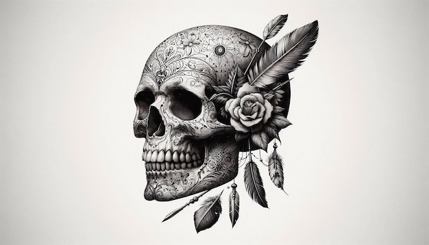 Photo a skull and feather with feathers and feathers on it