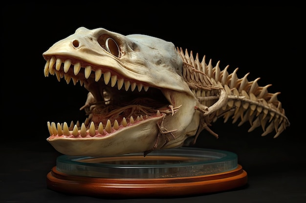 A skull of a fish with the mouth open.