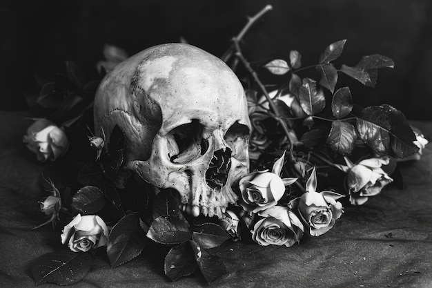 Skull Floral Classic Still Life Photography Featuring Human Skull and Rose