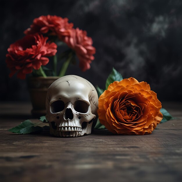 Photo a skull and a flower are on a table with a vase of flowers