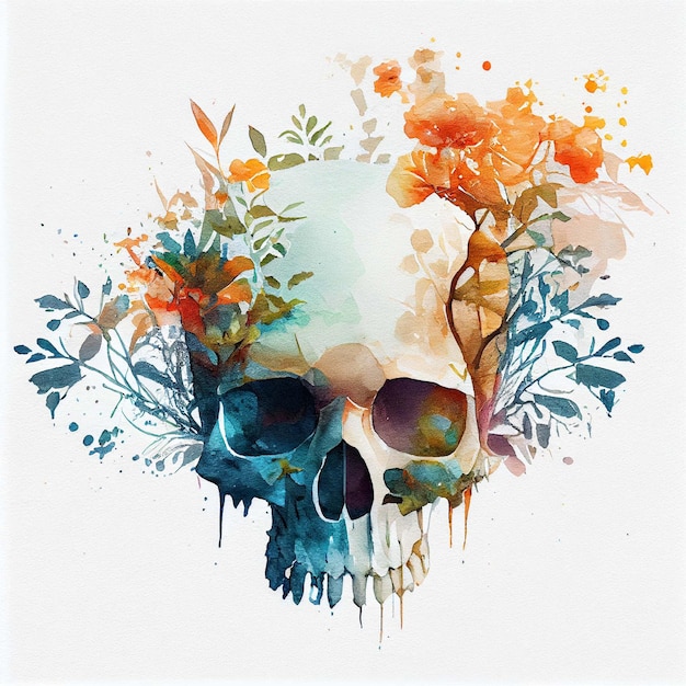 Skull flower Double exposure watercolor skeleton head Halloween concept Generative AI