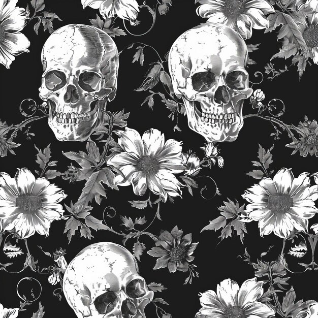 a skull and flowers are on a black background