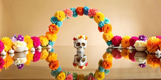 Photo a skull and flowers are placed on a table