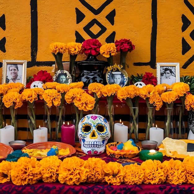 a skull and flowers are on a table with candles and candles