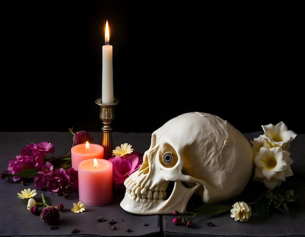 a skull and flowers are on a table with candles and flowers