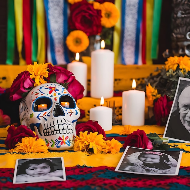 Photo a skull and flowers are on a table with a skull and a picture of a man