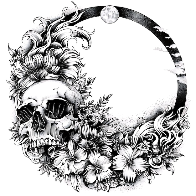 Photo a skull and flowers in a circle with a moon in the background