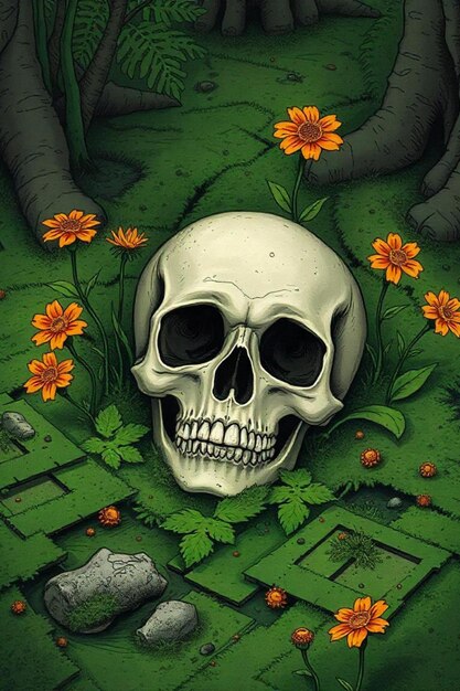 Photo skull and flowers and green natural background