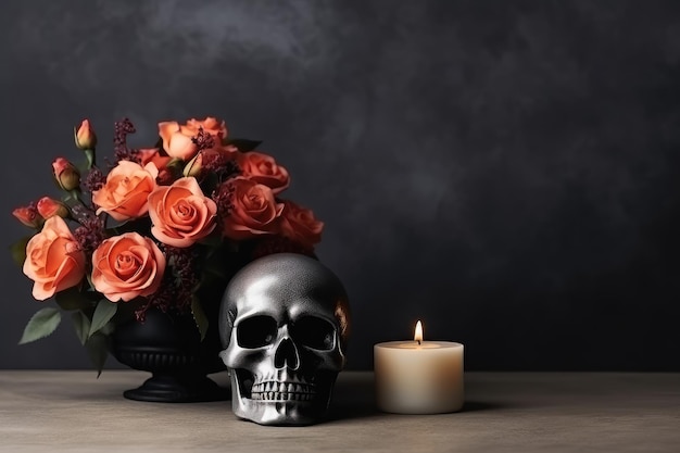 Skull and flowers on table against dark background Halloween celebration concept