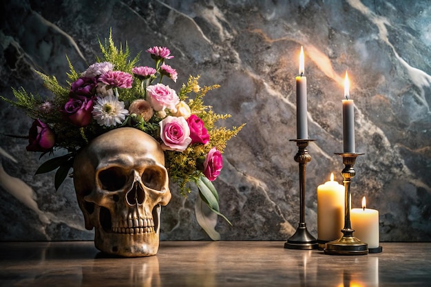 Photo skull and flowers on table with candle holder marble wallpaper