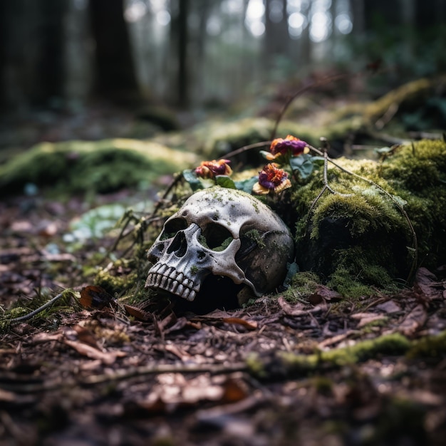 skull in the forest with flowers