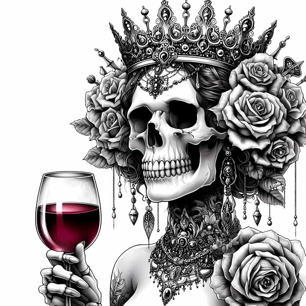 Photo a skull and a glass of wine with roses on it