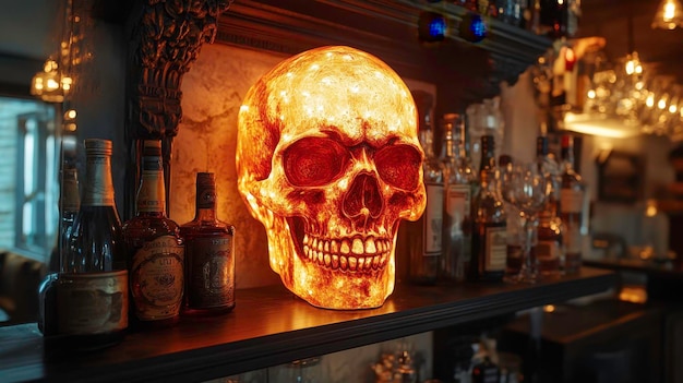 Photo skull glowing at night indoors