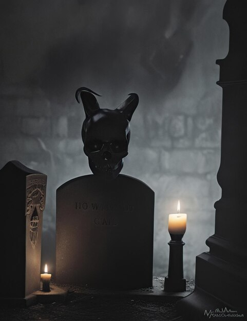 Skull and Graveyard Tombstone in A Dark Night