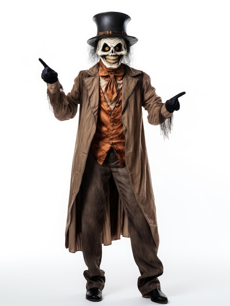 Skull halloween costume in a brown cloak and a top hat on a white background