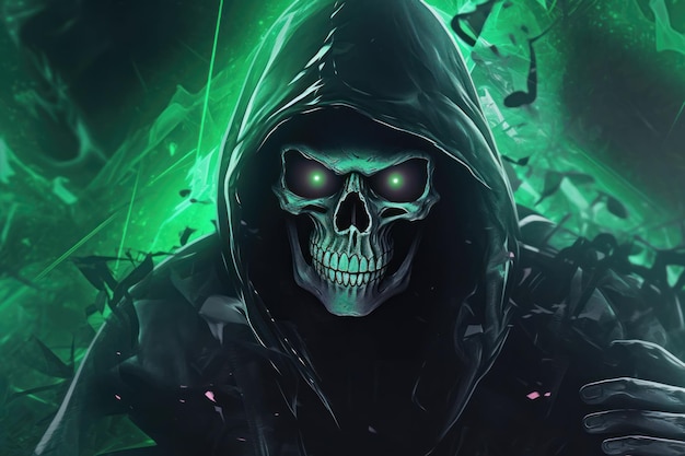 A skull in a hood with green lights on it