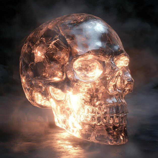 a skull illustration featuring a crystal skull with light reflecting through it