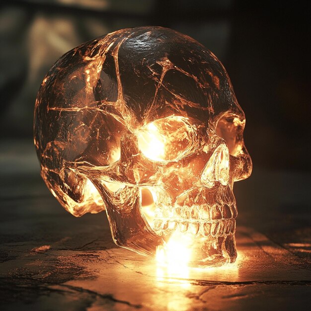 a skull illustration featuring a crystal skull with light reflecting through it