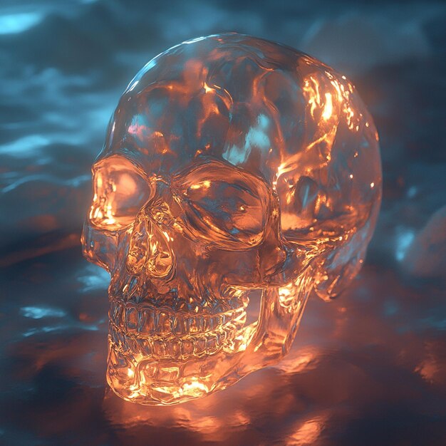 a skull illustration featuring a crystal skull with light reflecting through it