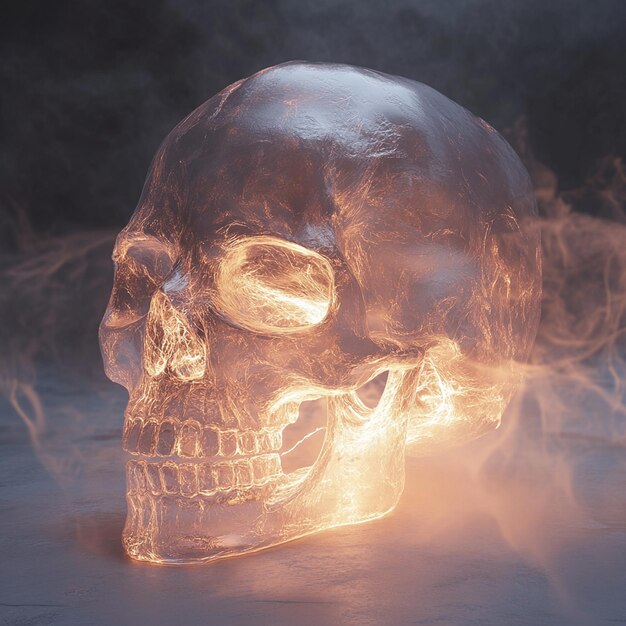 a skull illustration featuring a crystal skull with light reflecting through it