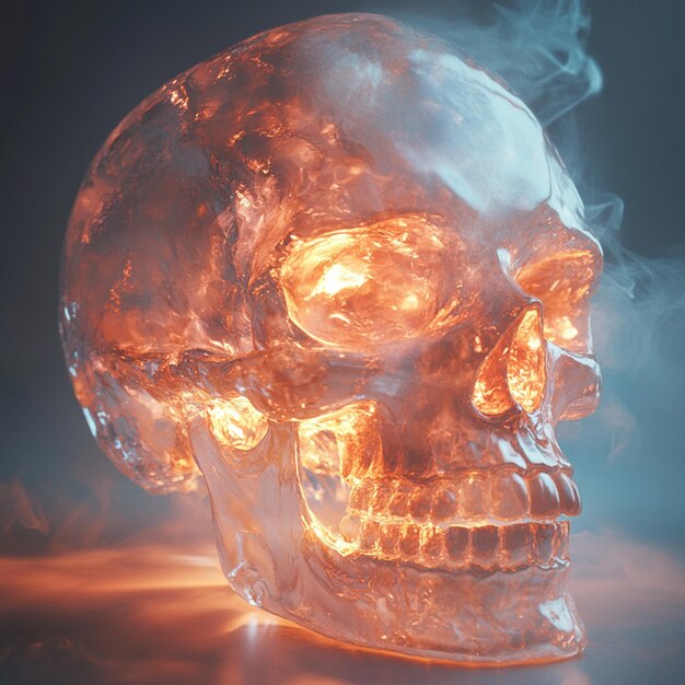 a skull illustration featuring a crystal skull with light reflecting through it