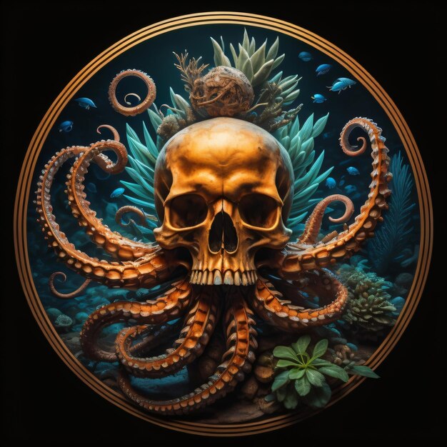 Skull illustration with octopus in the sea tshirt print design or tattoo