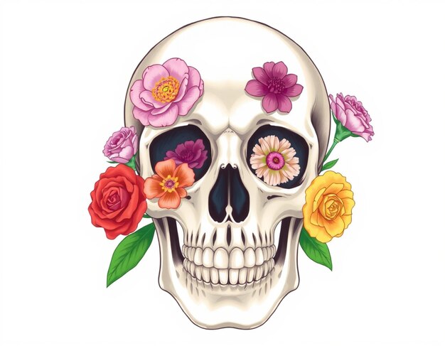 The skull image is decorated with various beautiful flowers