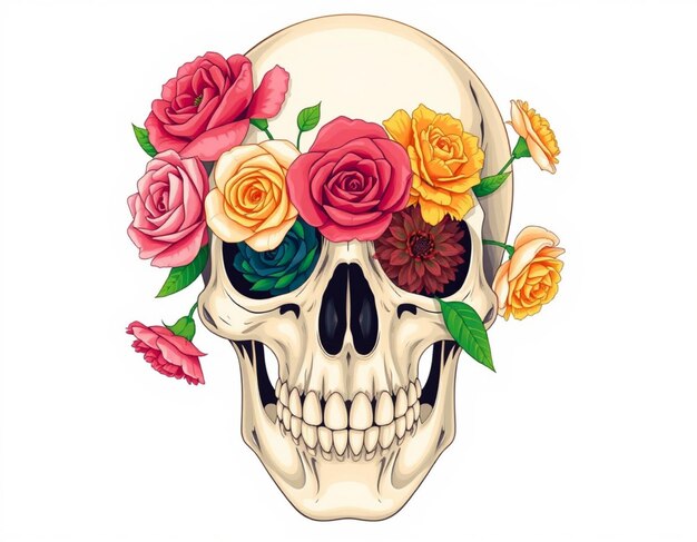 The skull image is decorated with various beautiful flowers